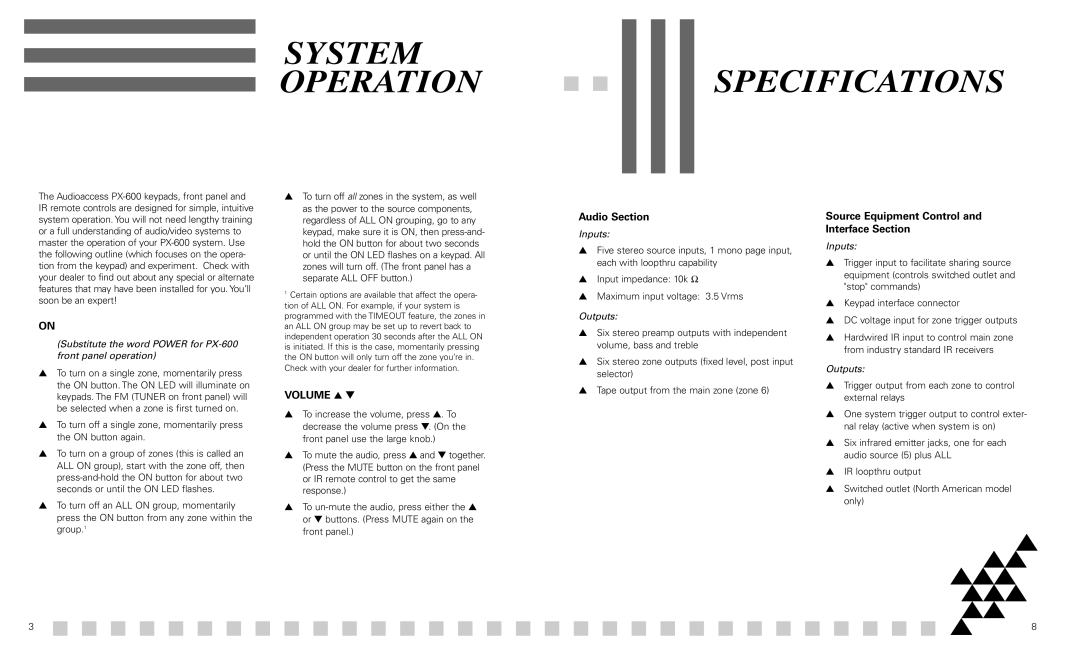 Madrigal Imaging PX-600 manual System Operation Specifications, Volume, Audio Section 