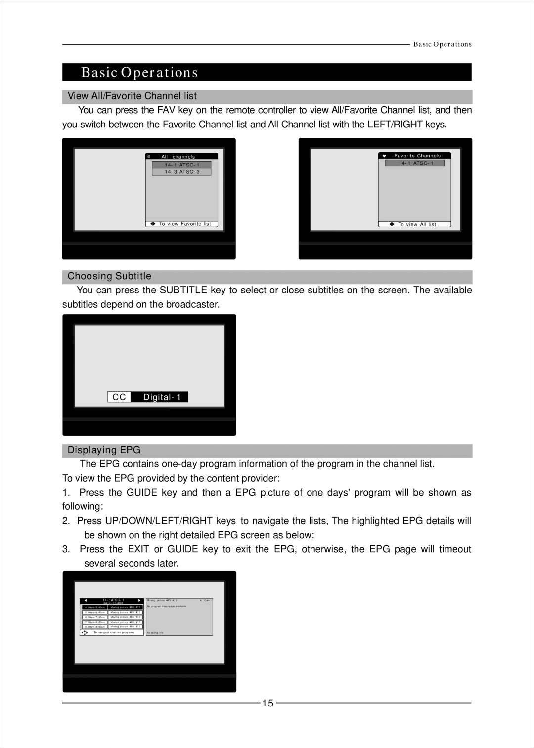 Mag Digital CCB7707 manual View All/Favorite Channel list, Choosing Subtitle, Displaying EPG 