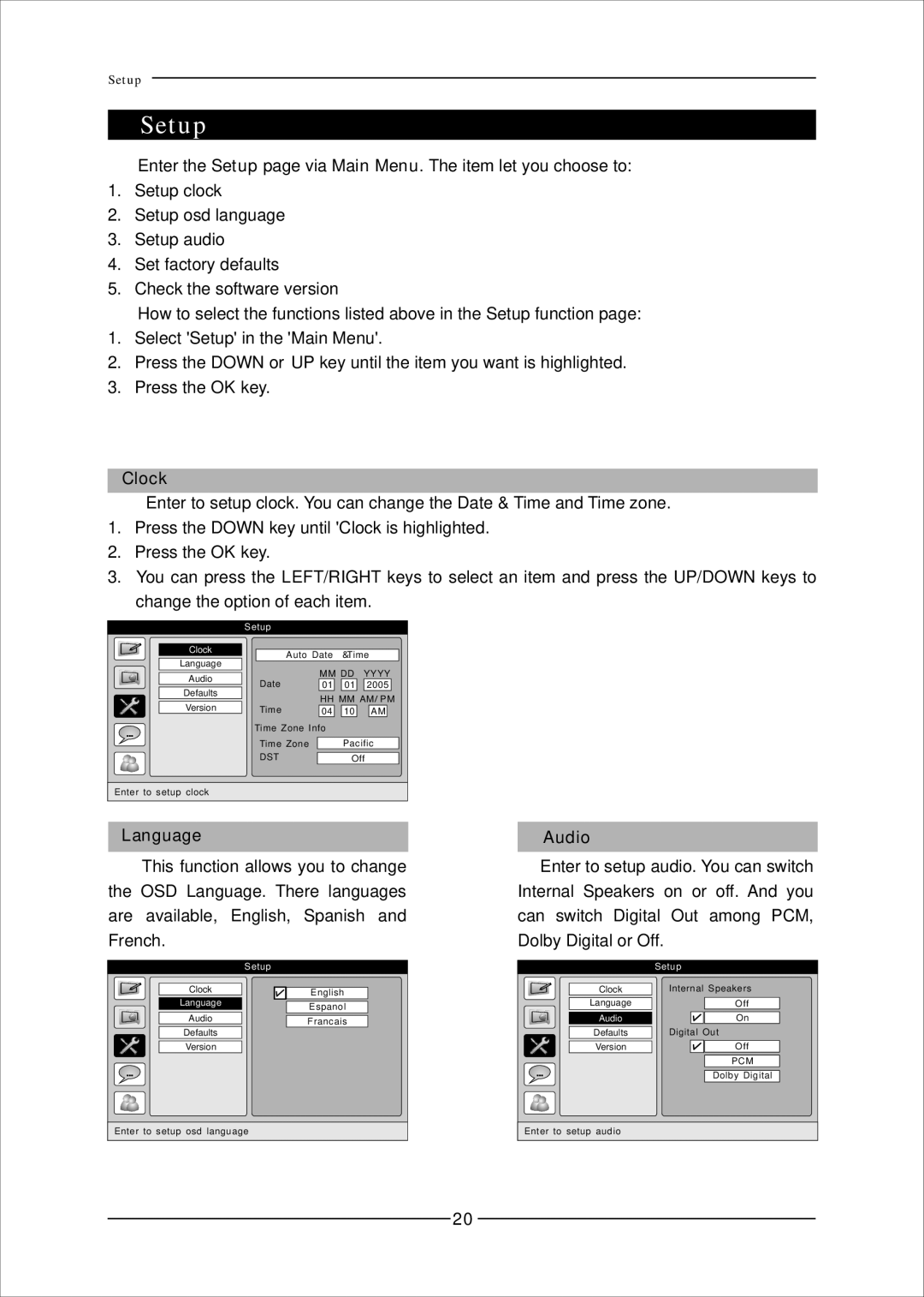 Mag Digital CCB7707 manual Setup, Clock, Language 