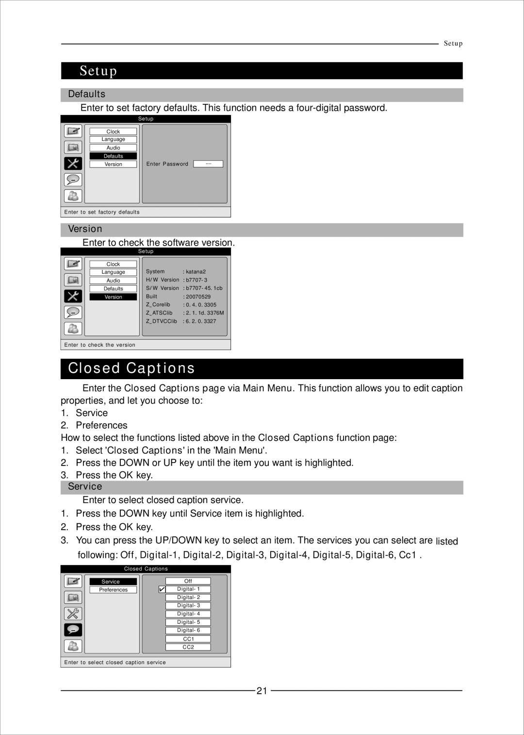 Mag Digital CCB7707 manual Defaults, Version, Service 