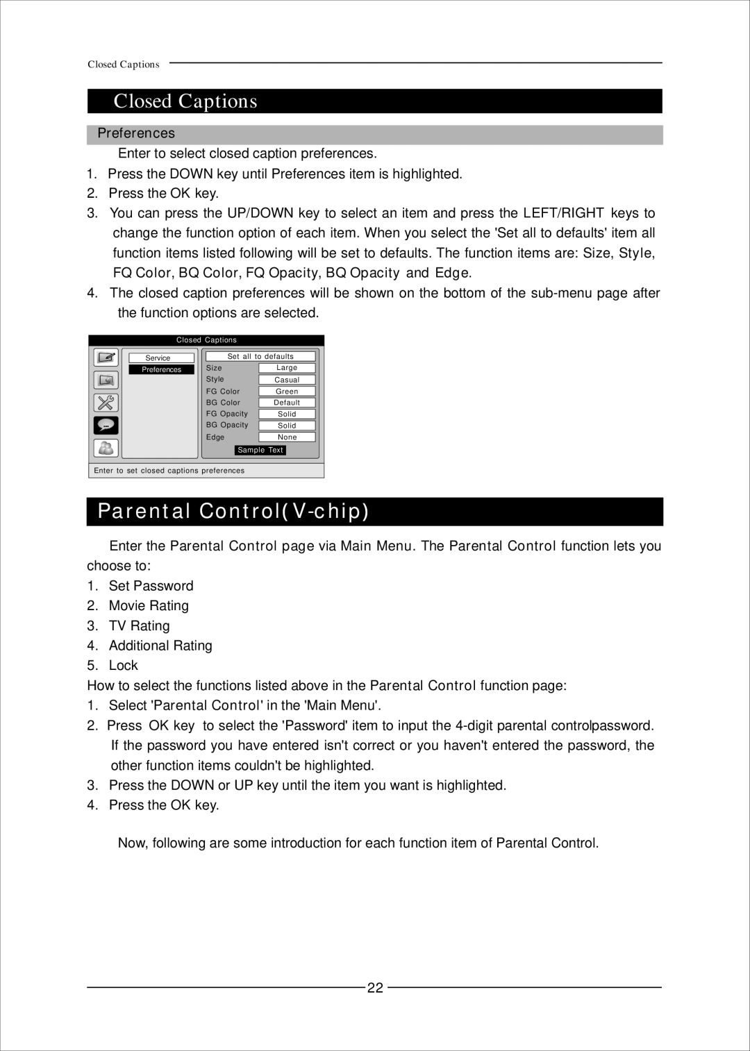 Mag Digital CCB7707 manual Closed Captions, Preferences 