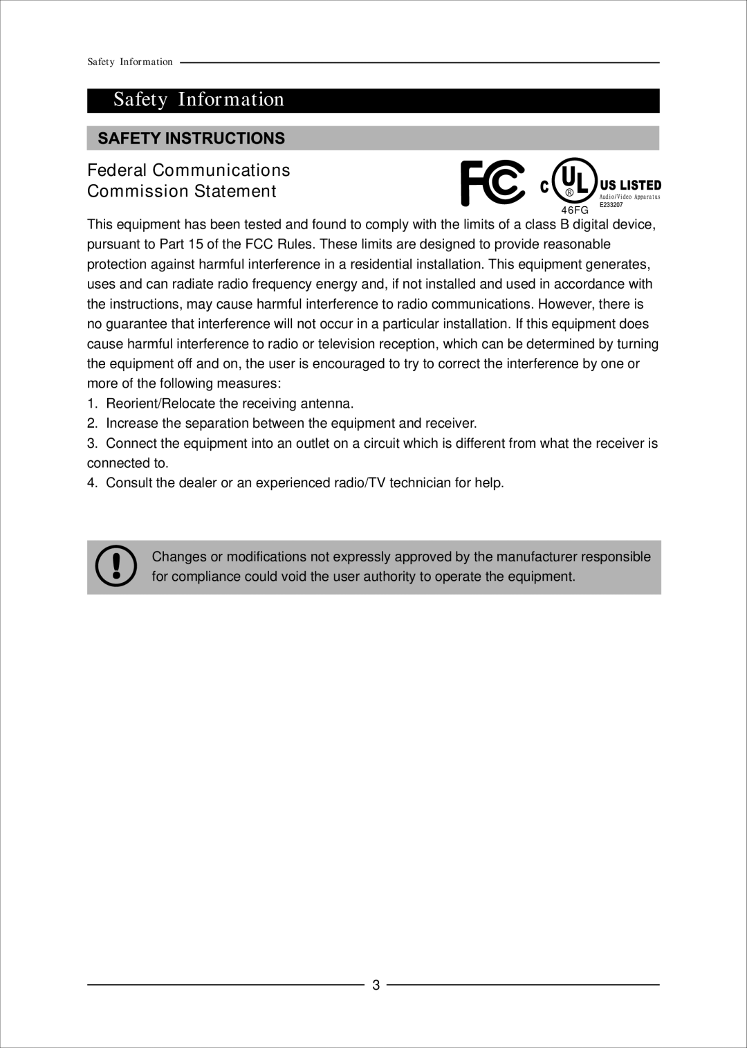 Mag Digital CCB7707 manual Safety Information, Federal Communications Commission Statement 