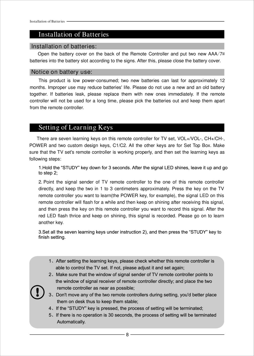 Mag Digital CCB7707 manual Installation of Batteries, Setting of Learning Keys 