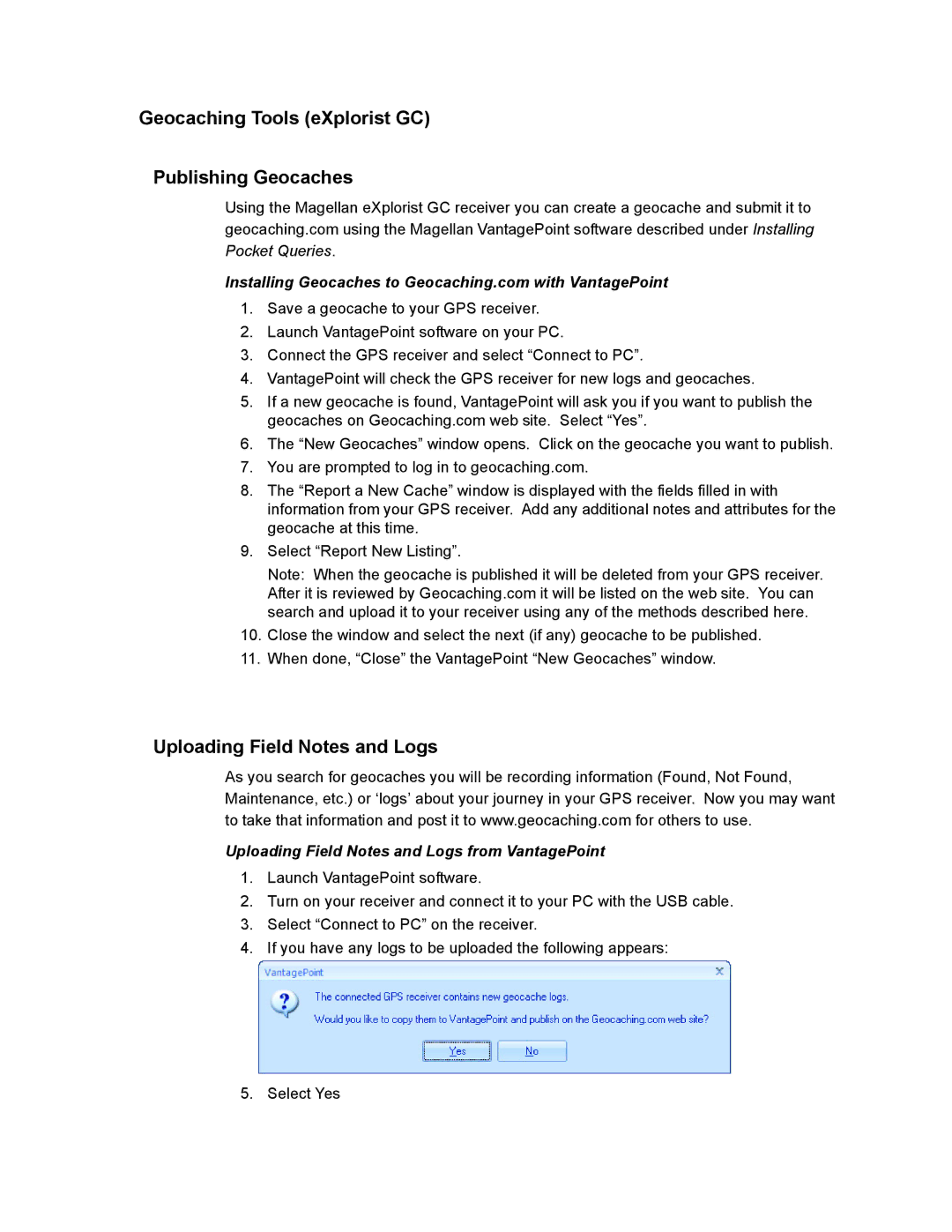 Magellan 605-0183-004 A user manual Geocaching Tools eXplorist GC Publishing Geocaches, Uploading Field Notes and Logs 