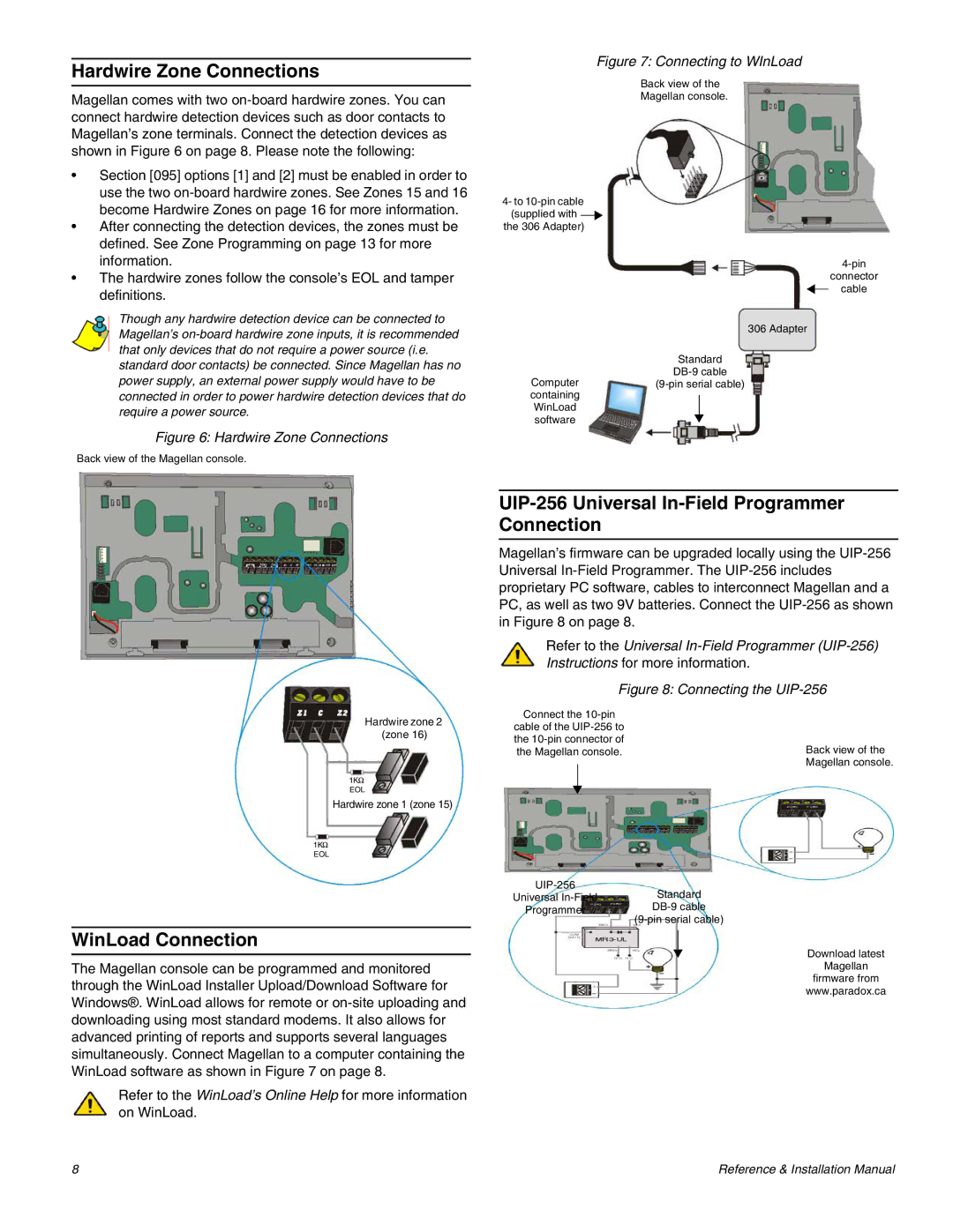 Magellan MG-6060 Hardwire Zone Connections, WinLoad Connection, UIP-256 Universal In-Field Programmer Connection 