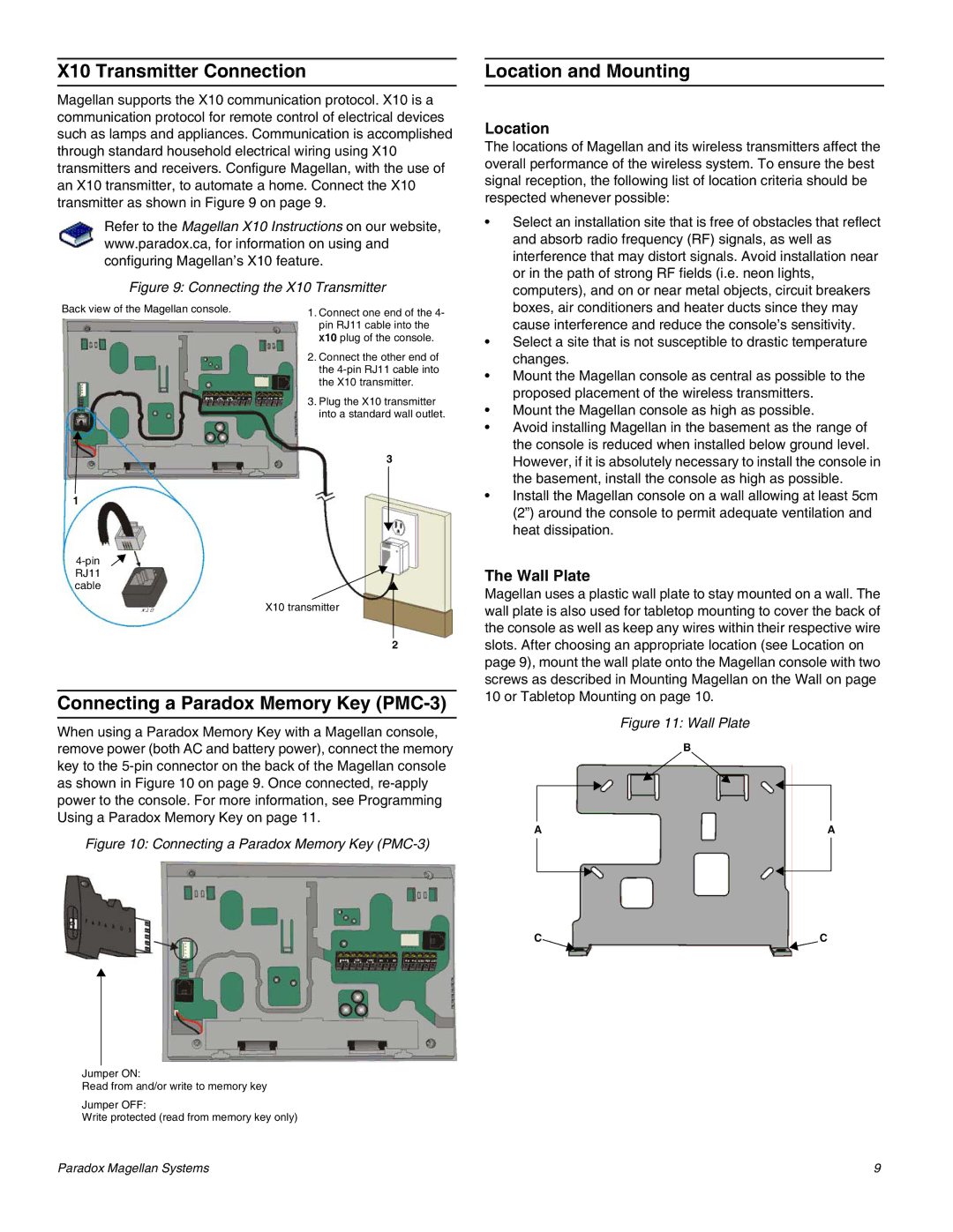 Magellan MG-6060 X10 Transmitter Connection, Location and Mounting, Connecting a Paradox Memory Key PMC-3, Wall Plate 