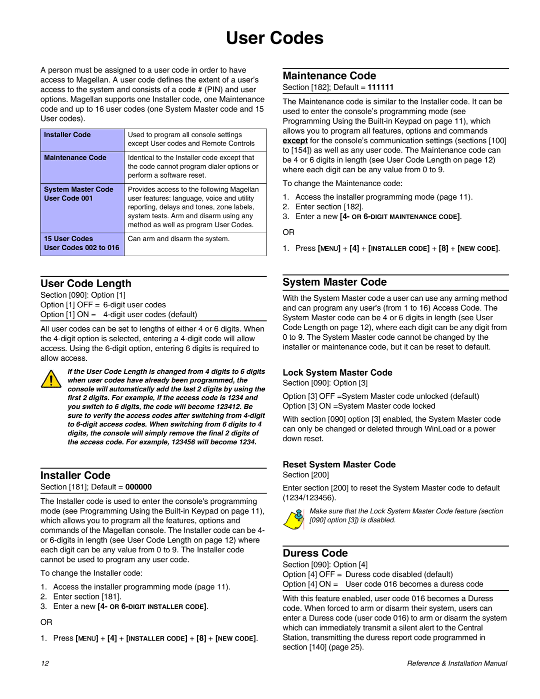 Magellan MG-6060 installation manual User Codes 