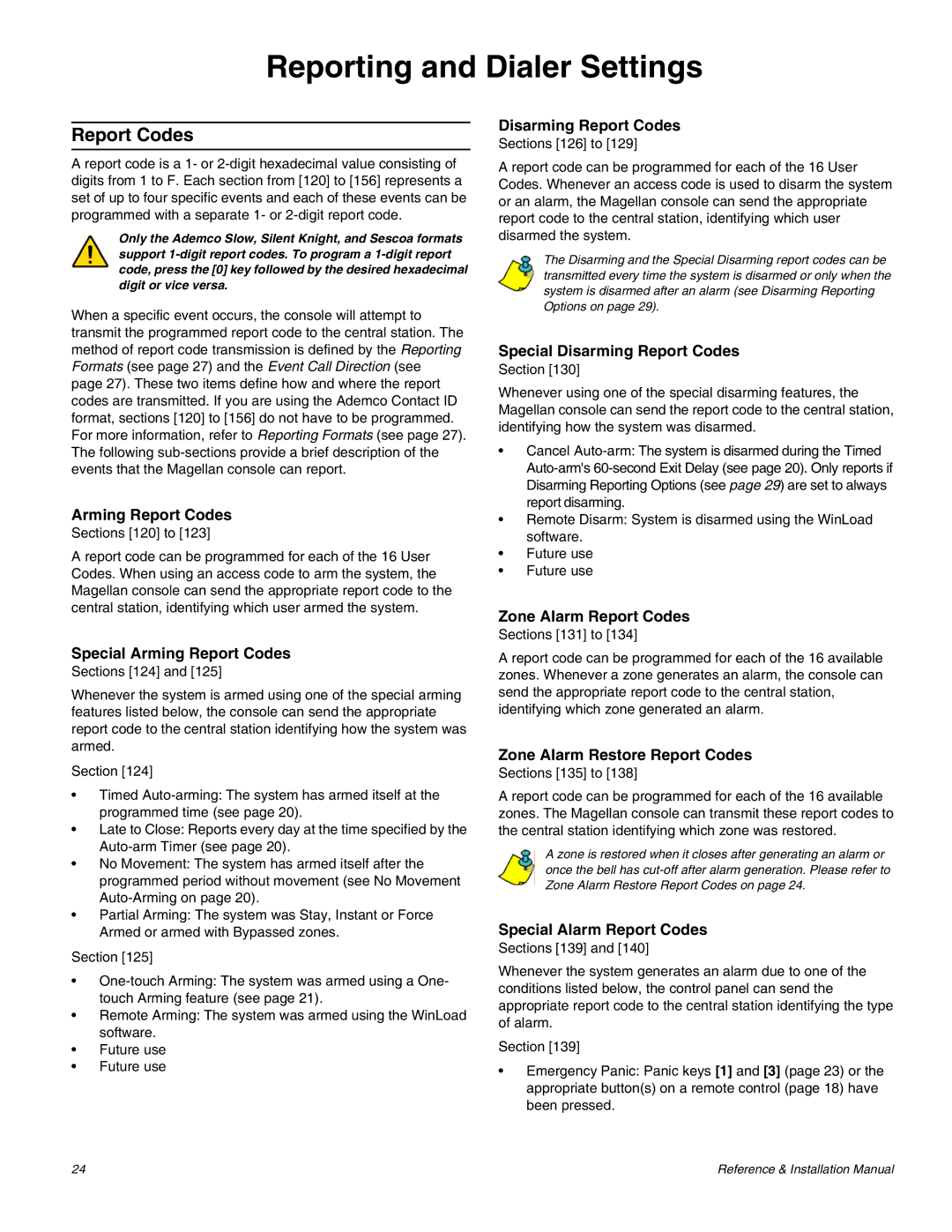 Magellan MG-6060 installation manual Reporting and Dialer Settings, Report Codes 