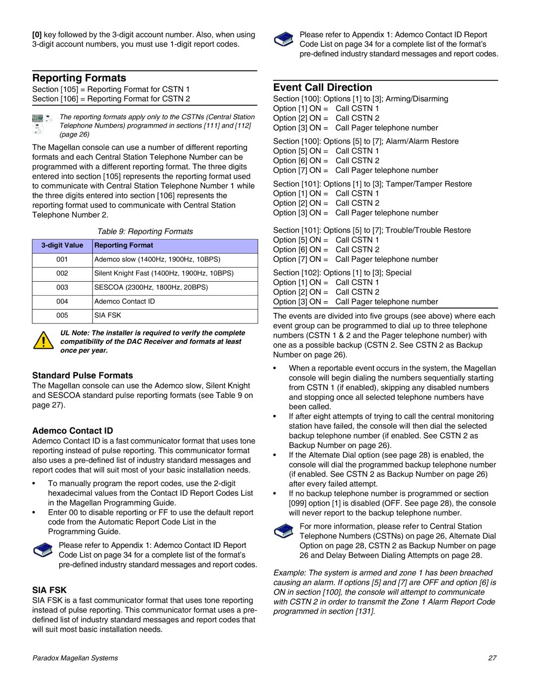 Magellan MG-6060 installation manual Reporting Formats, Event Call Direction, Standard Pulse Formats, Ademco Contact ID 