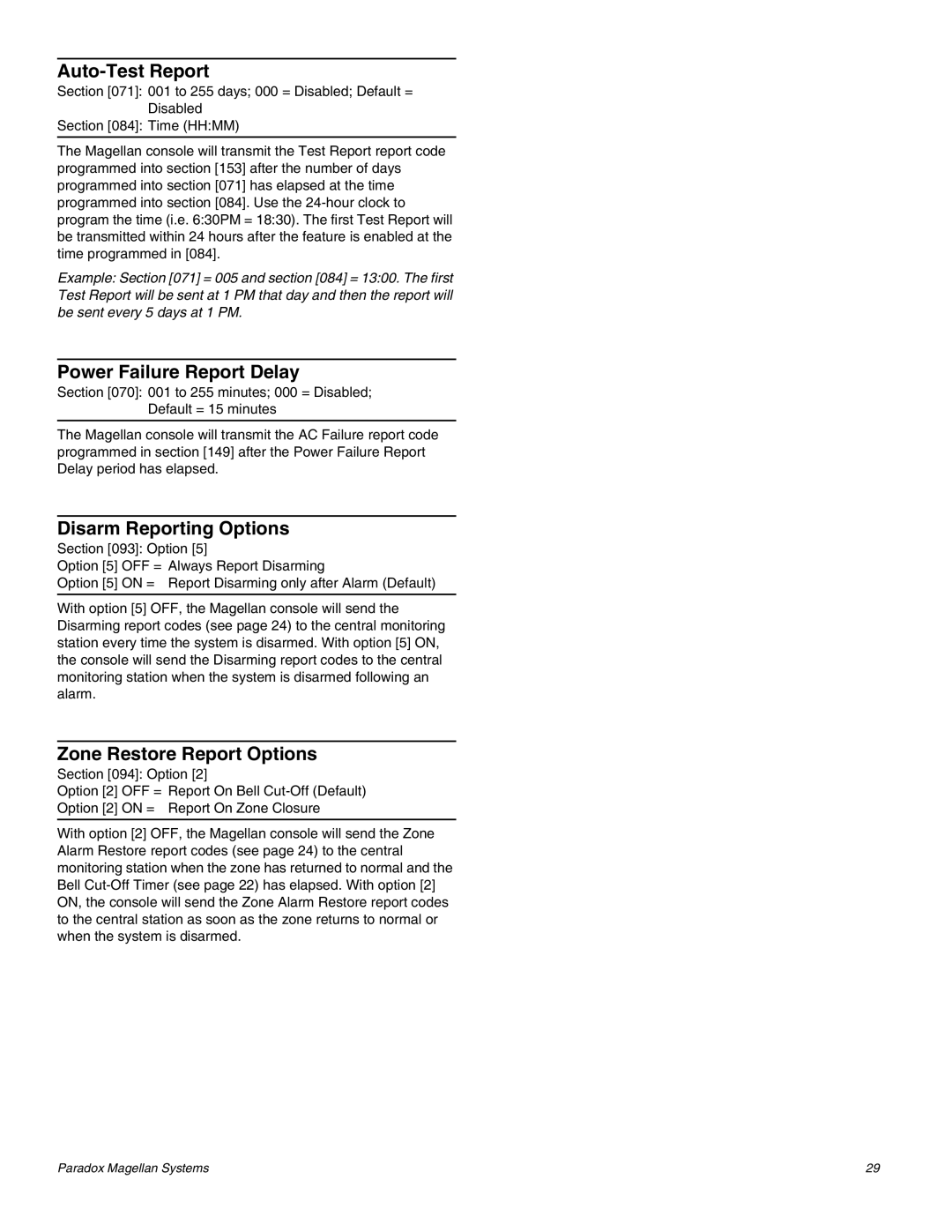 Magellan MG-6060 Auto-Test Report, Power Failure Report Delay, Disarm Reporting Options, Zone Restore Report Options 