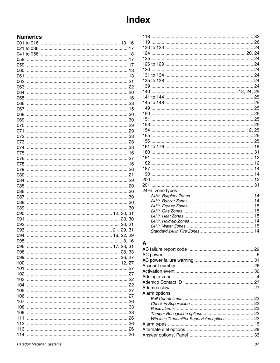 Magellan MG-6060 installation manual Index, Numerics, 24Hr. Burglary Zones, Bell Cut-off timer 