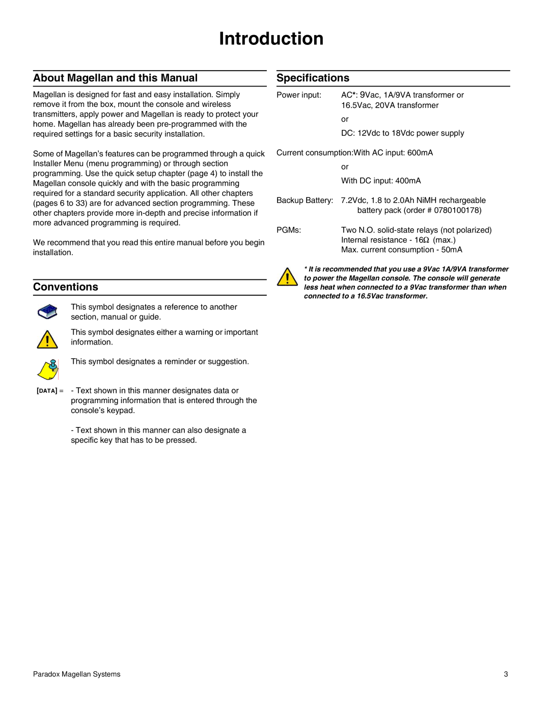 Magellan MG-6060 installation manual Introduction, About Magellan and this Manual, Conventions, Specifications 