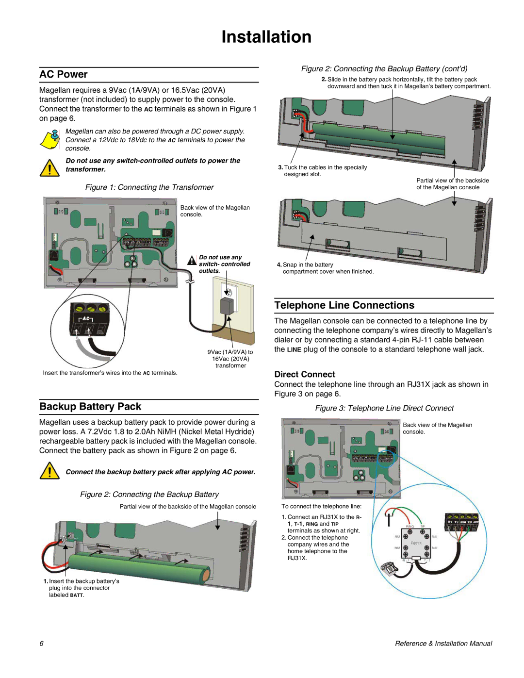 Magellan MG-6060 Installation, AC Power, Backup Battery Pack, Telephone Line Connections, Direct Connect 