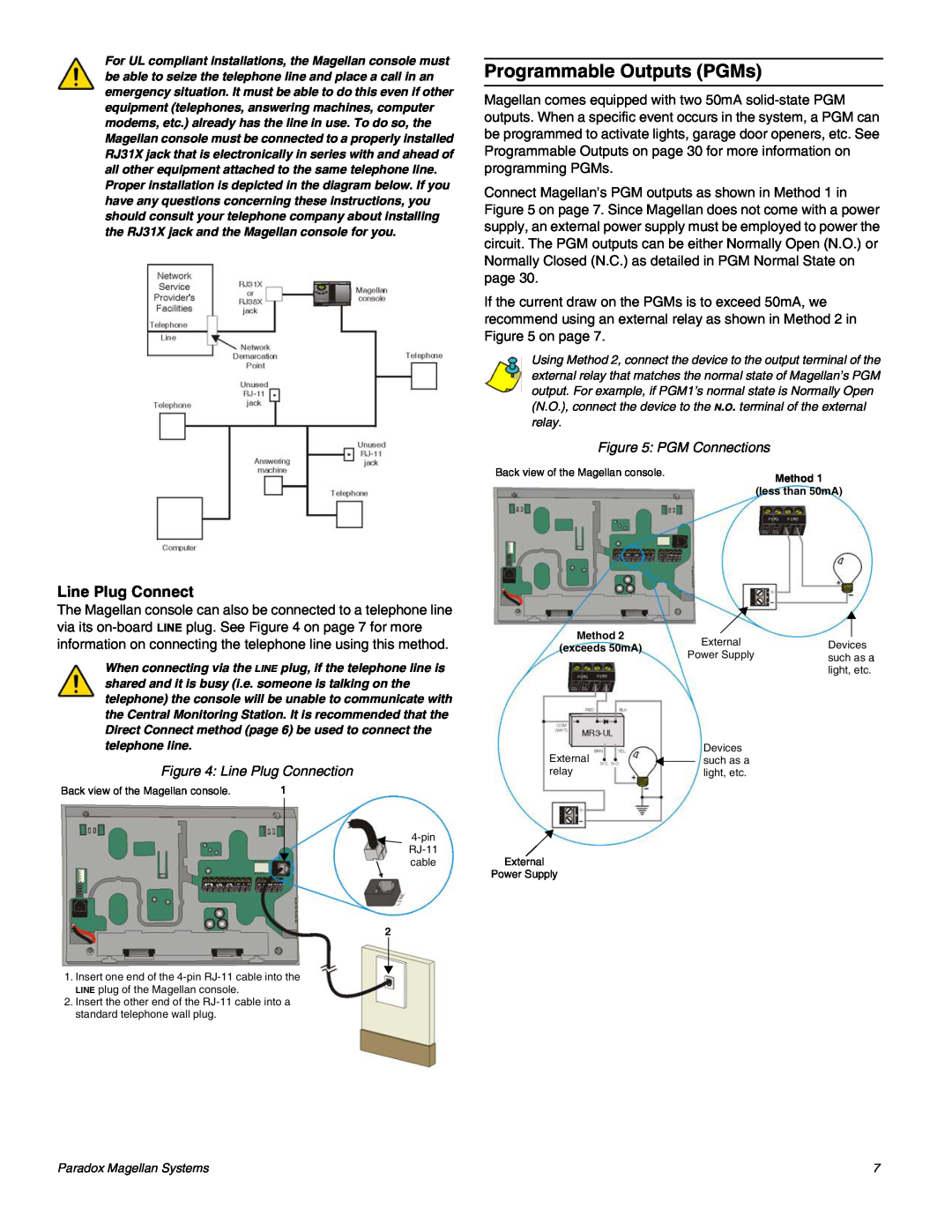 Magellan MG-6060 installation manual Programmable Outputs PGMs, PGM Connections, Line Plug Connection 