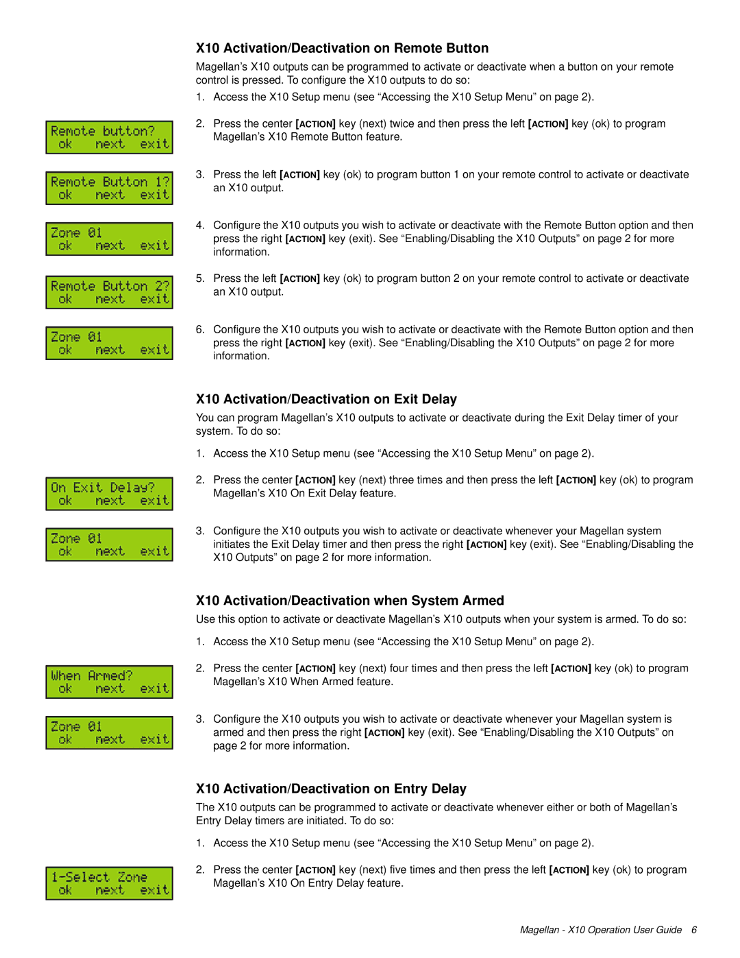 Magellan MG-6160 manual X10 Activation/Deactivation on Remote Button, X10 Activation/Deactivation on Exit Delay 