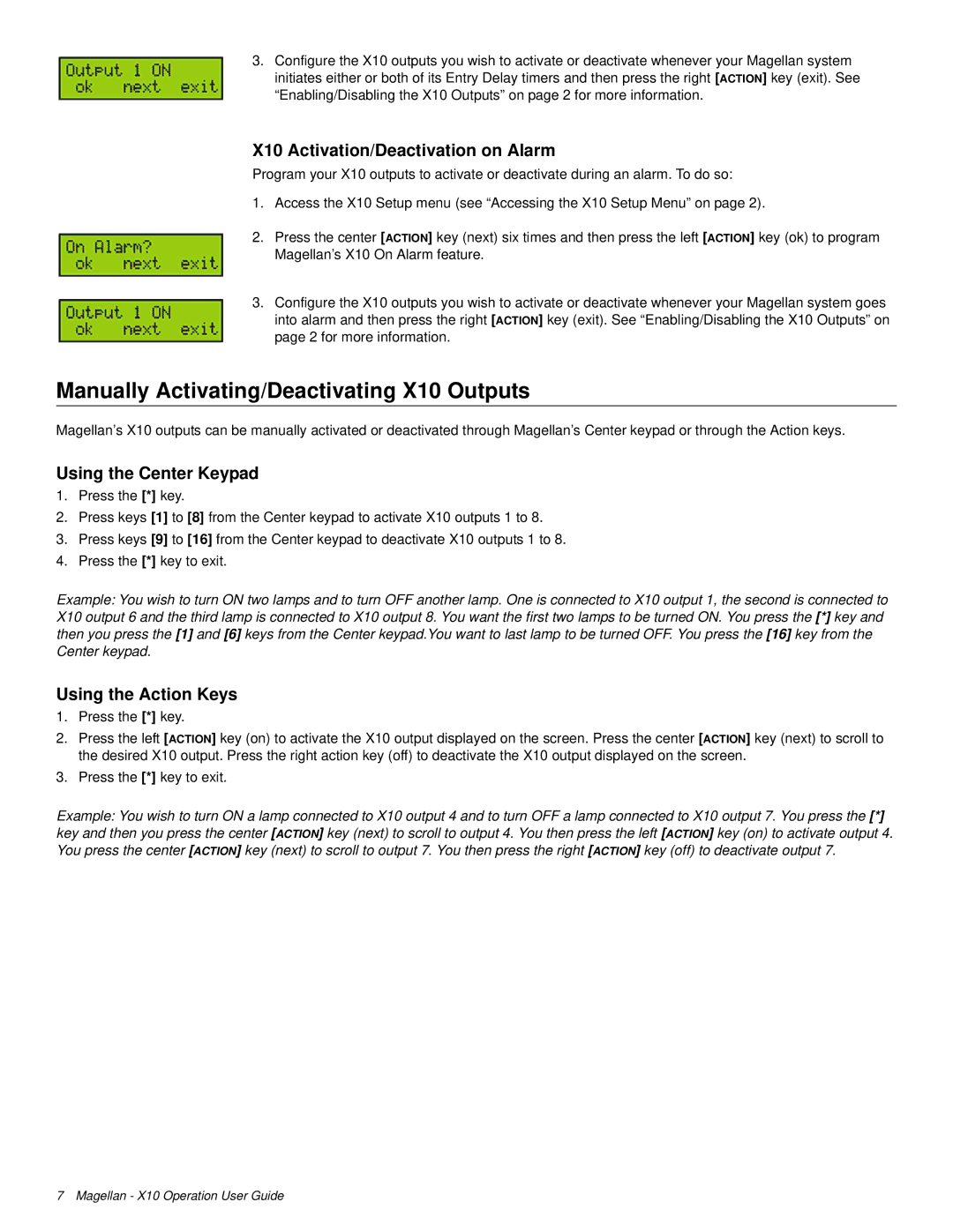 Magellan MG-6160 Manually Activating/Deactivating X10 Outputs, X10 Activation/Deactivation on Alarm, Using the Action Keys 