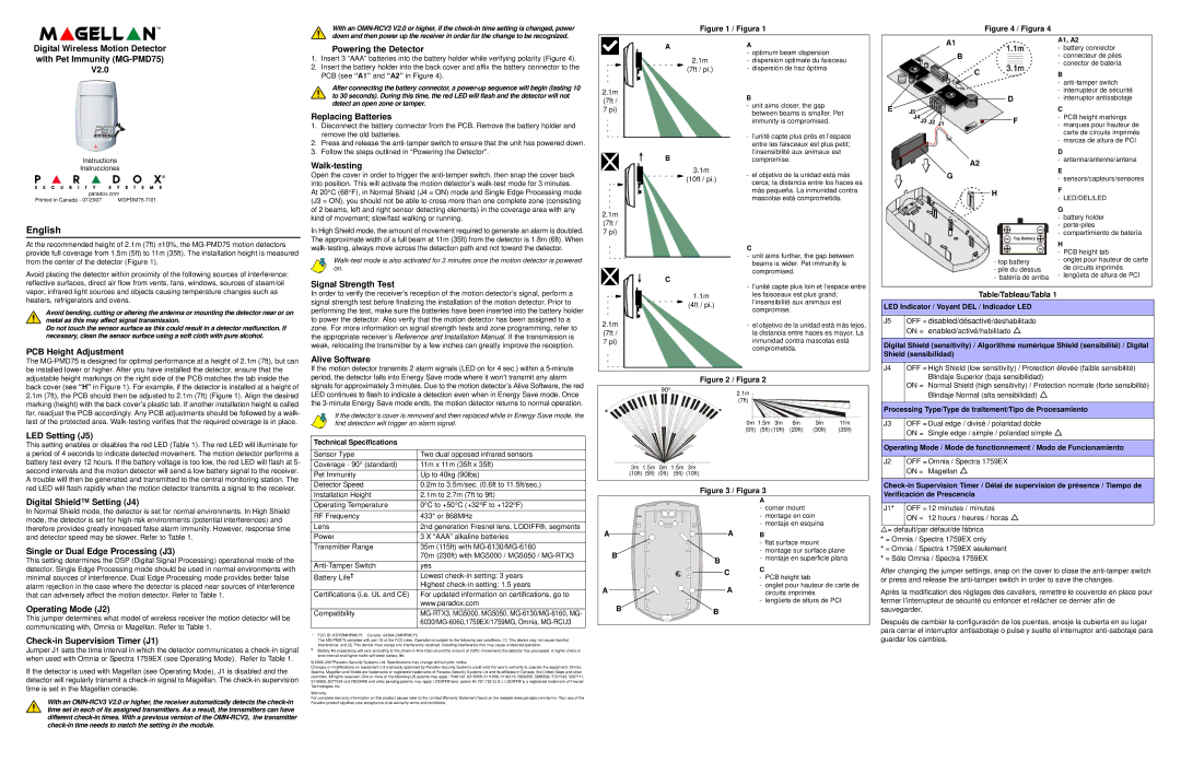 Magellan MG-PMD75 installation manual PCB Height Adjustment Powering the Detector, Replacing Batteries, Walk-testing 