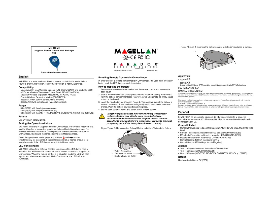 Magellan MG-REM1 specifications English, Español 