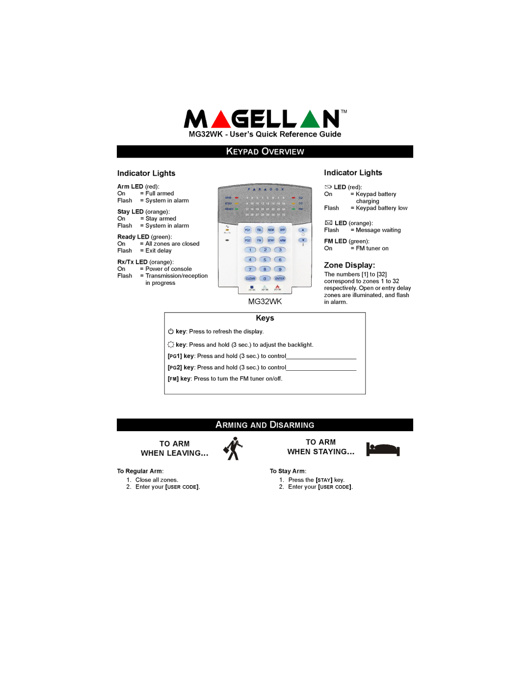 Magellan MG32WK manual Keypad Overview, Arming and Disarming 