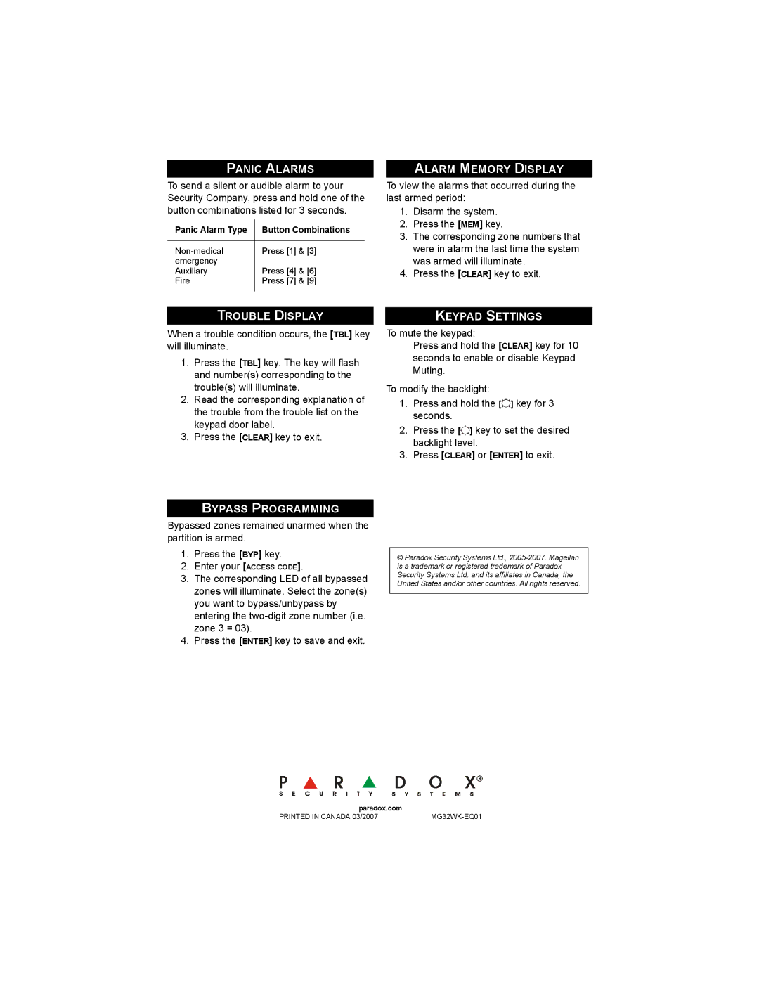 Magellan MG32WK manual Panic Alarms, Alarm Memory Display, Trouble Display, Keypad Settings, Bypass Programming 