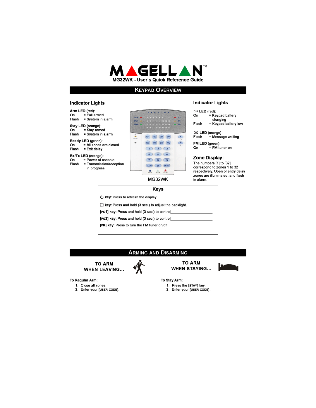 Magellan manual Keypad Overview, Arming And Disarming, MG32WK - User’s Quick Reference Guide, Indicator Lights, Keys 