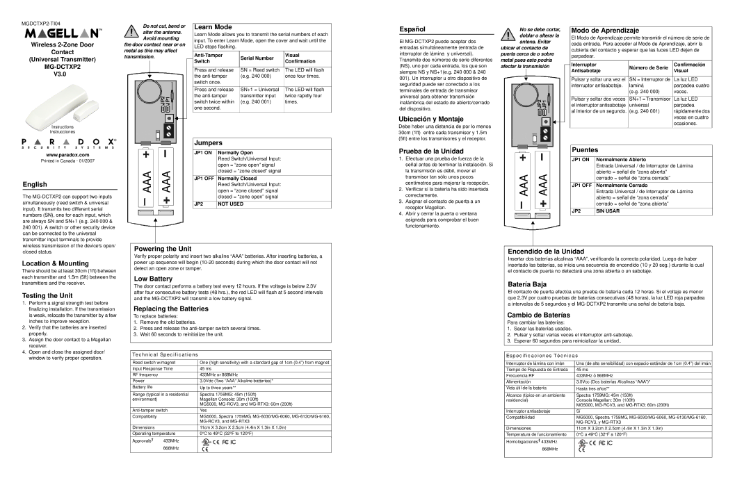 Magellan MGDCTXP2-TI04 technical specifications Learn Mode, Español, Ubicación y Montaje, Modo de Aprendizaje, English 