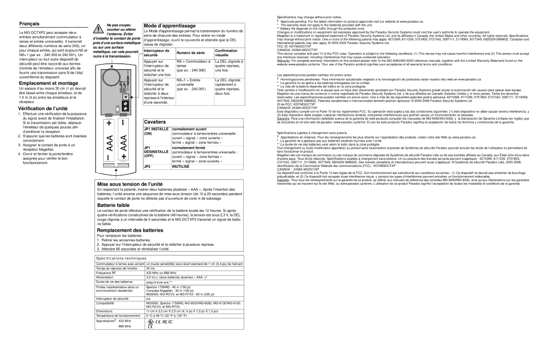 Magellan MGDCTXP2-TI04 Français, Emplacement et montage, Vérification de l’unité, Mode d’apprentissage, Cavaliers 