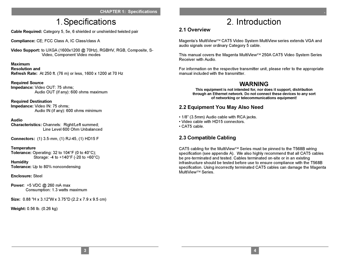 Magenta 250A setup guide Specifications, Introduction, Overview, Equipment You May Also Need, Compatible Cabling 