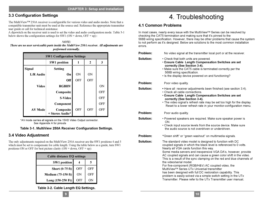 Magenta 250A setup guide Troubleshooting, Configuration Settings, Video Adjustment, Common Problems 