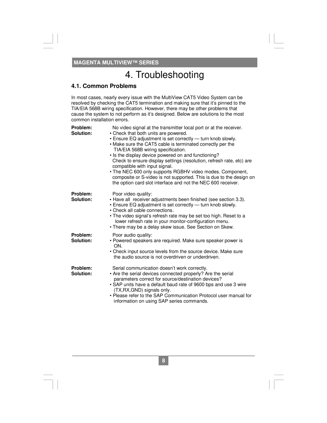 Magenta NEC 600 setup guide Troubleshooting, Common Problems, Solution 