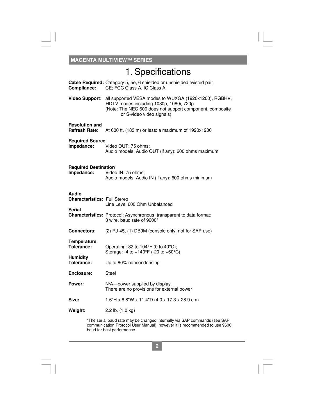 Magenta NEC 600 setup guide Specifications 