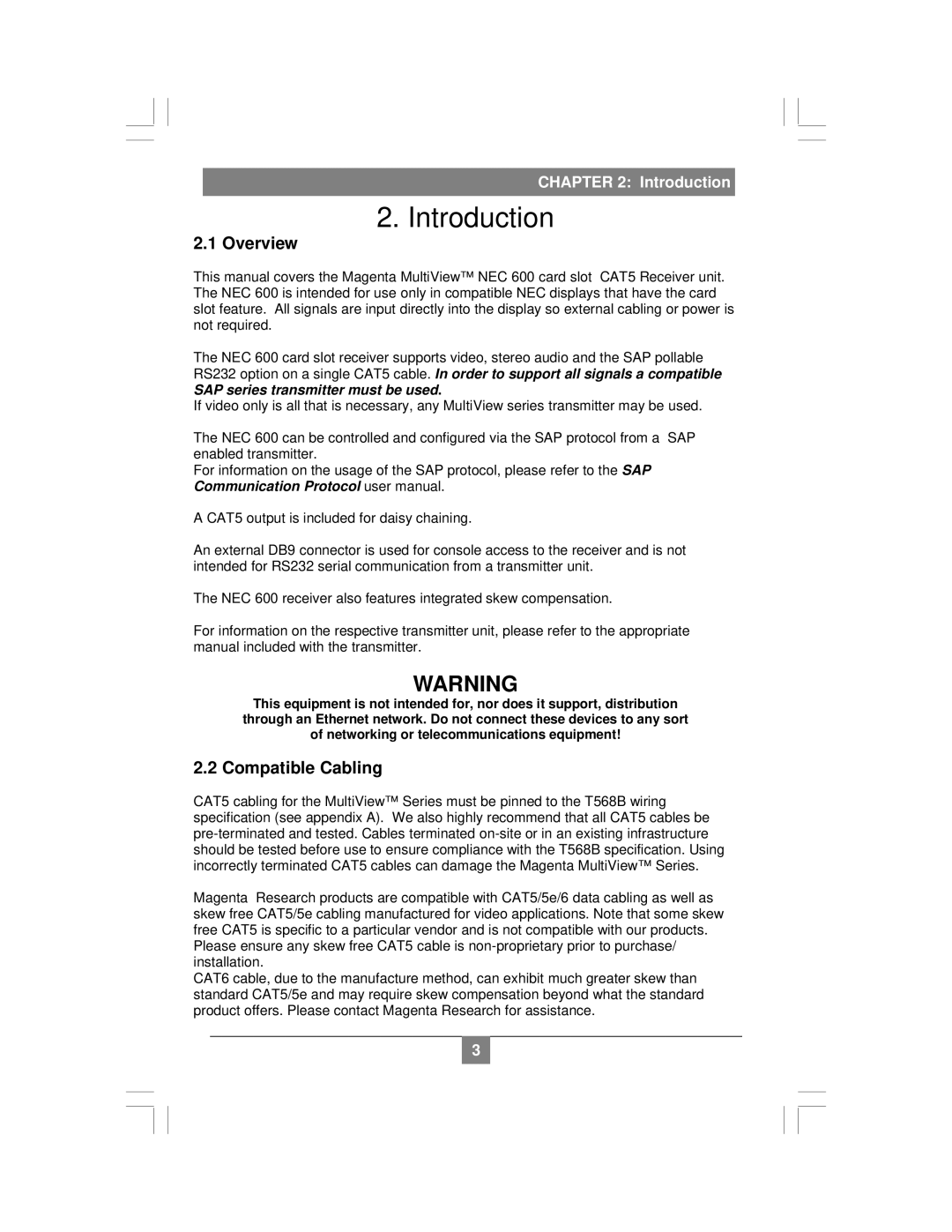 Magenta NEC 600 setup guide Introduction, Overview, Compatible Cabling 