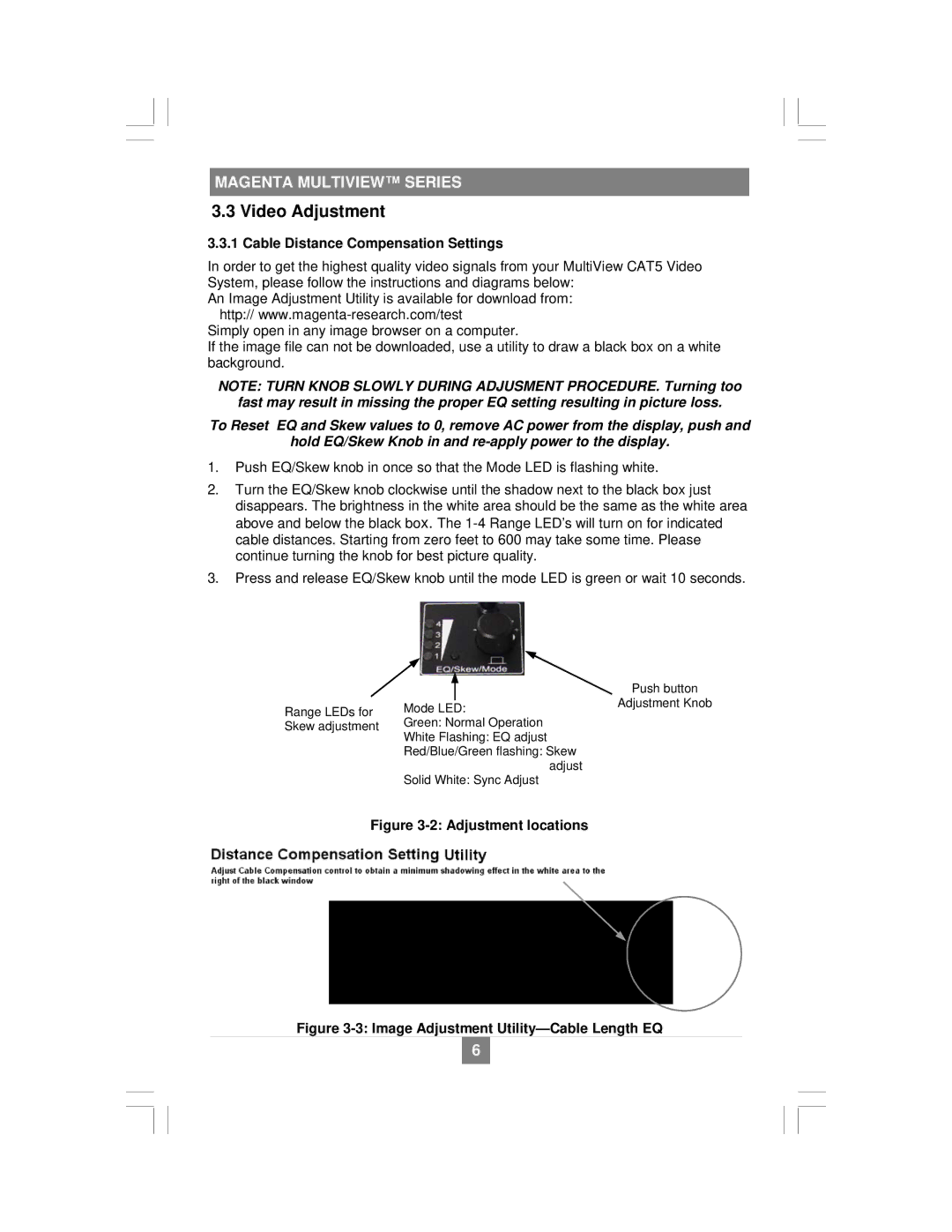 Magenta NEC 600 setup guide Video Adjustment, Cable Distance Compensation Settings 