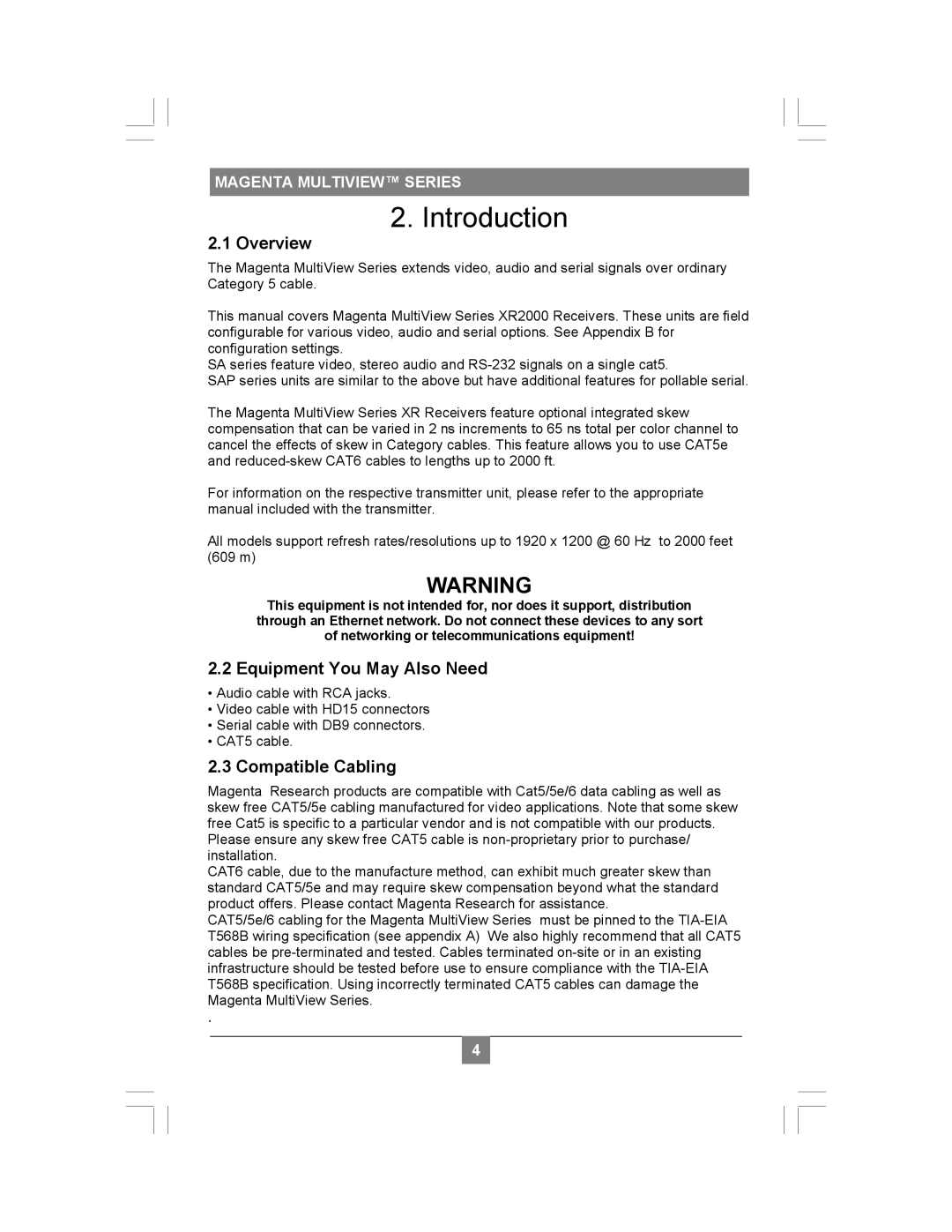 Magenta XR2000 setup guide Introduction, Overview, Equipment You May Also Need, Compatible Cabling 