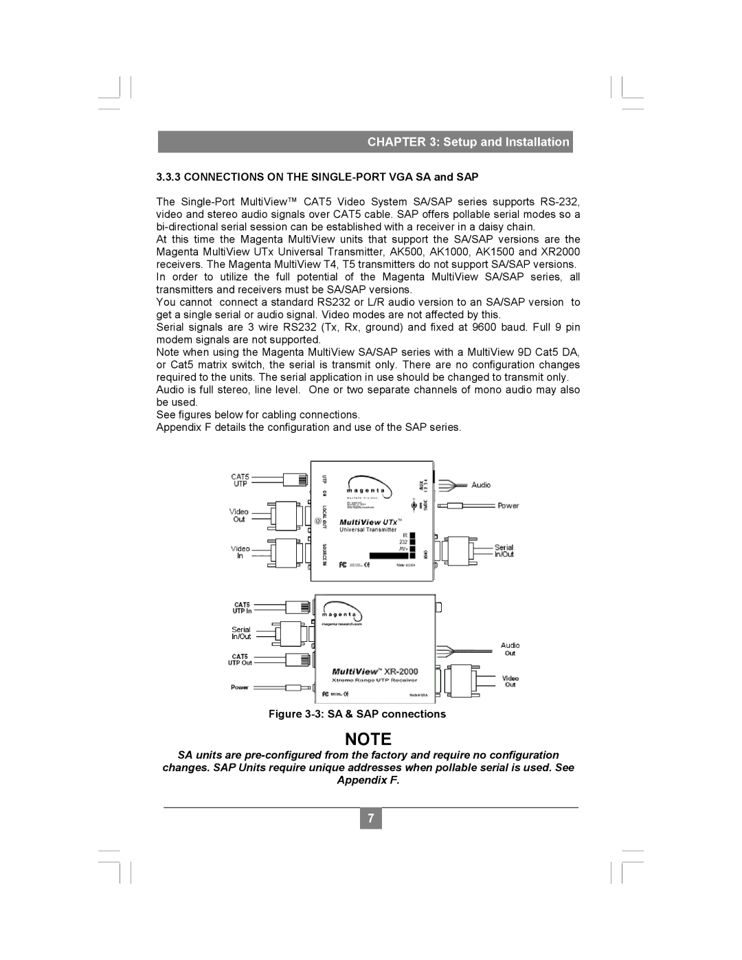 Magenta XR2000 setup guide Connections on the SINGLE-PORT VGA SA and SAP, SA & SAP connections 