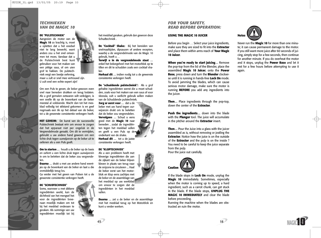 Magic Bullet Magic10 manual Technieken VAN DE Magic, For Your Safety Read Before Operation, Using the Magic 10 Juicer 