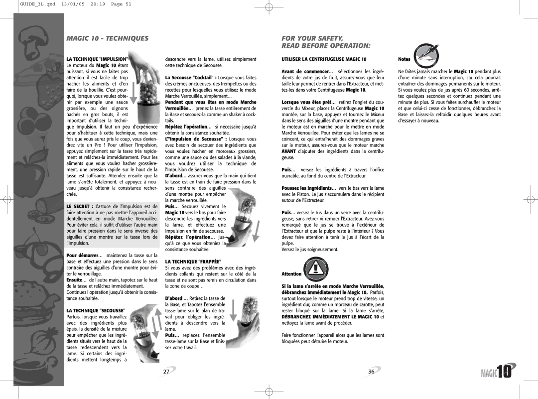 Magic Bullet Magic10 manual Magic 10 Techniques For Your Safety Read Before Operation, LA Technique Frappée 