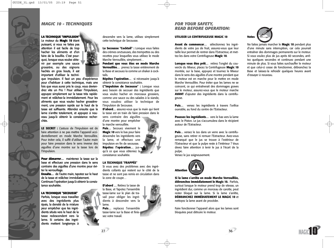 Magic Bullet Magic10 manual MAGIC 10 - TECHNIQUES, For Your Safety Read Before Operation, La Technique Frappée 