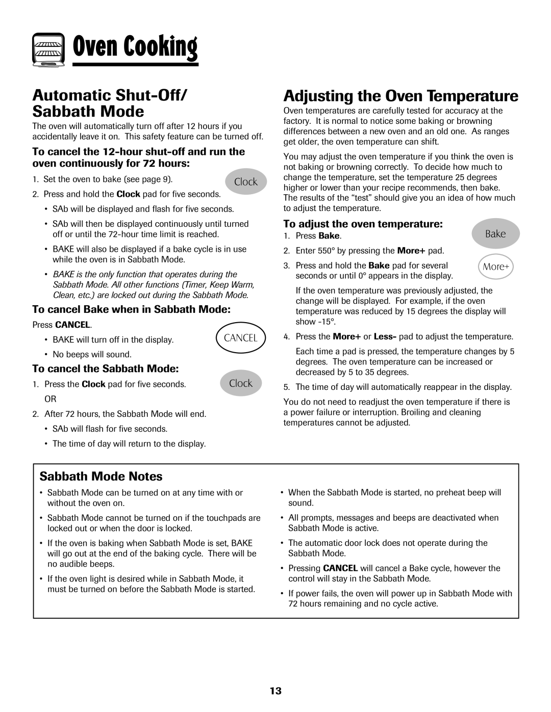 Magic Chef 500 Automatic Shut-Off Sabbath Mode, Adjusting the Oven Temperature, Sabbath Mode Notes 