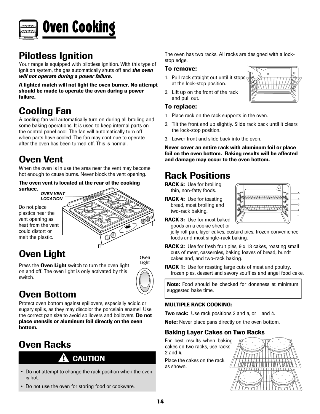 Magic Chef 500 important safety instructions Cooling Fan, Oven Vent, Oven Light, Oven Bottom, Oven Racks, Rack Positions 