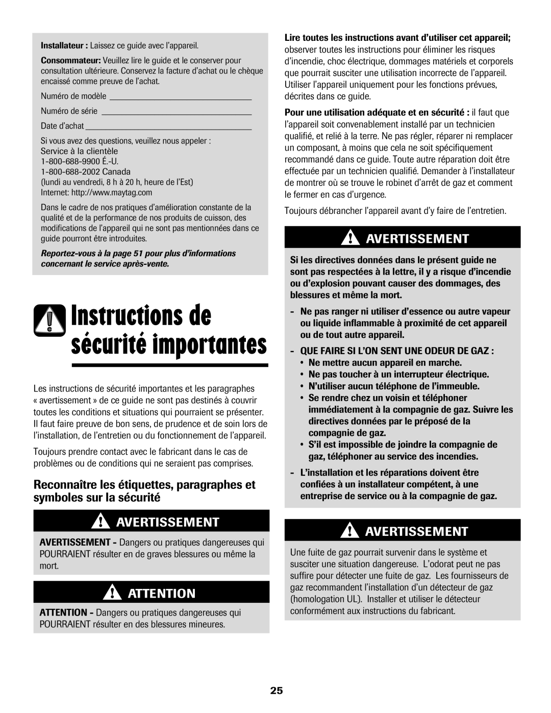 Magic Chef 500 Instructions de sécurité importantes, Les instructions de sécurité importantes et les paragraphes 