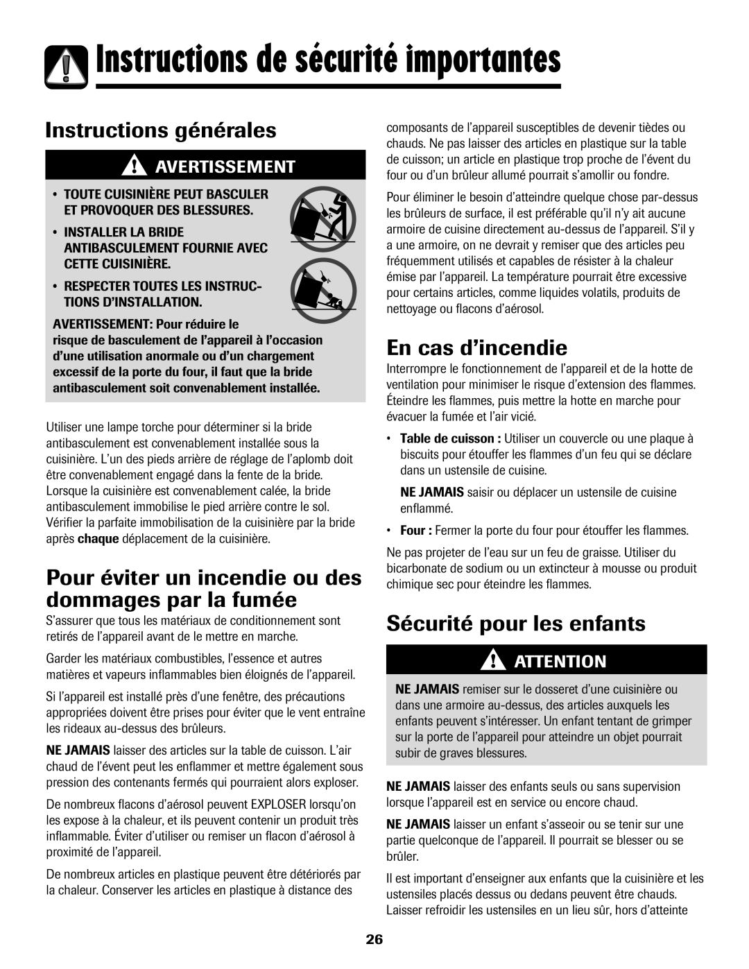 Magic Chef 500 Instructions générales, Pour éviter un incendie ou des dommages par la fumée, En cas d’incendie 