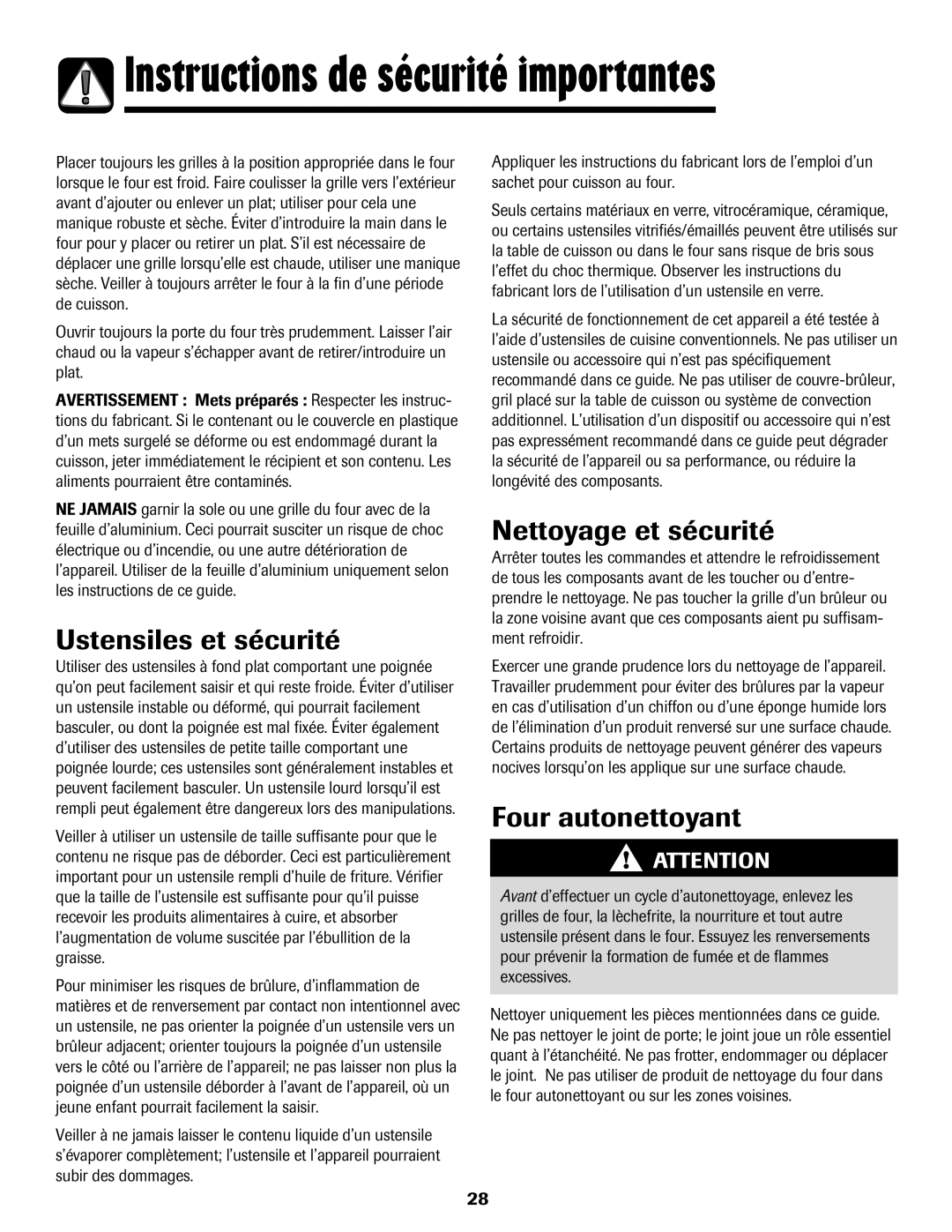 Magic Chef 500 important safety instructions Ustensiles et sécurité, Nettoyage et sécurité, Four autonettoyant 