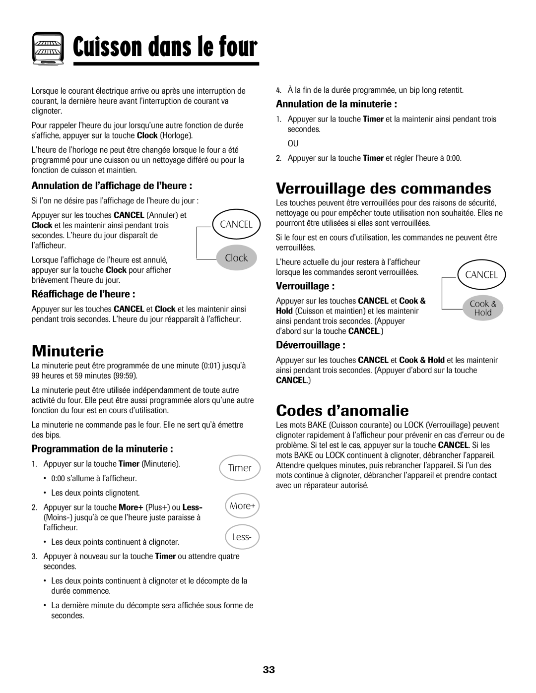 Magic Chef 500 important safety instructions Minuterie, Verrouillage des commandes, Codes d’anomalie 