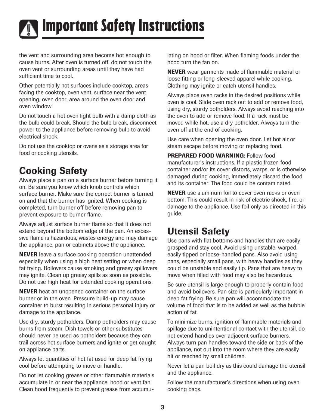 Magic Chef 500 important safety instructions Cooking Safety, Utensil Safety 