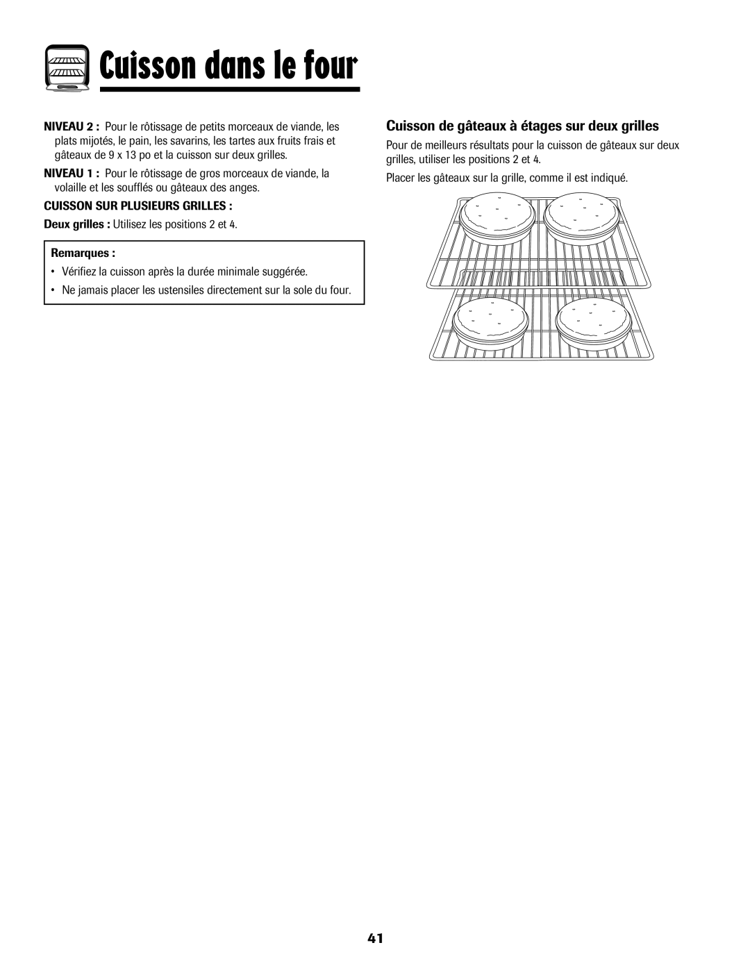 Magic Chef 500 important safety instructions Cuisson de gâteaux à étages sur deux grilles, Cuisson SUR Plusieurs Grilles 