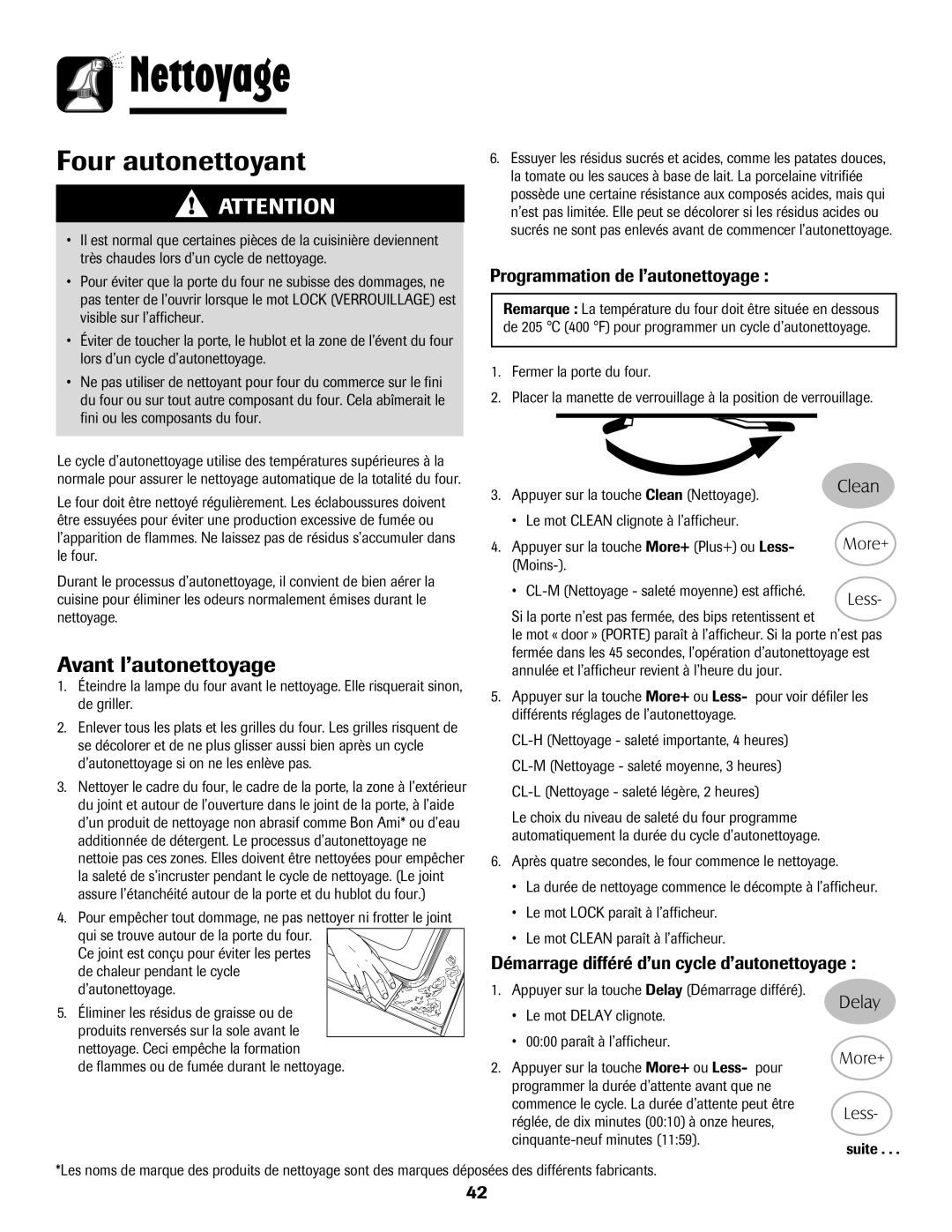 Magic Chef 500 important safety instructions Nettoyage, Avant l’autonettoyage, Programmation de l’autonettoyage 