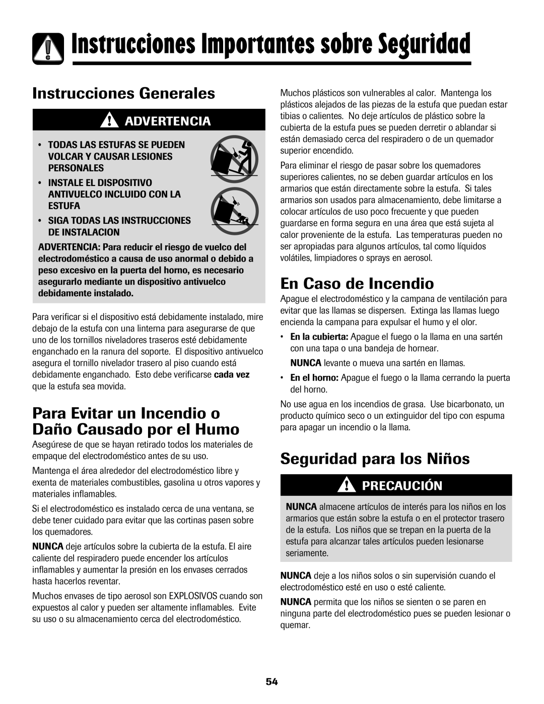 Magic Chef 500 Instrucciones Generales, Para Evitar un Incendio o Daño Causado por el Humo, En Caso de Incendio 