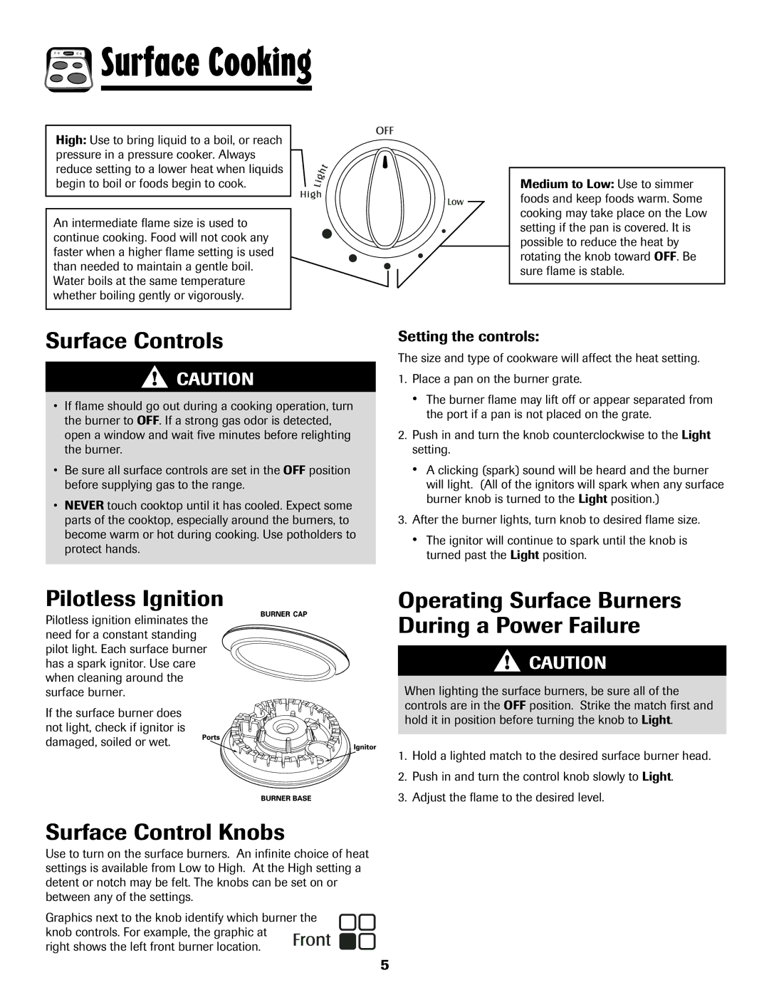 Magic Chef 500 important safety instructions Surface Cooking, Surface Controls, Pilotless Ignition, Surface Control Knobs 