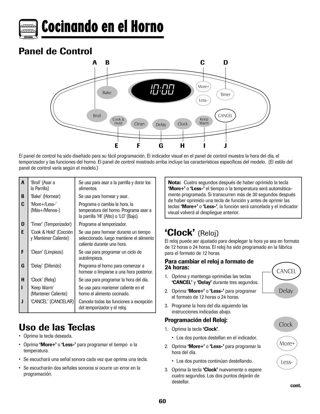 Magic Chef 500 important safety instructions Cocinando en el Horno, Panel de Control, ‘Clock’ Reloj, Uso de las Teclas 